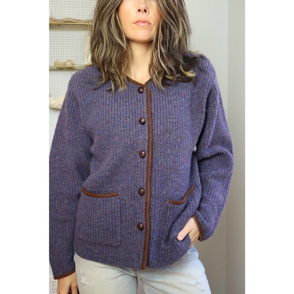 Vintage 90s LL Bean Wool Sweater Cardigan Navy Brown